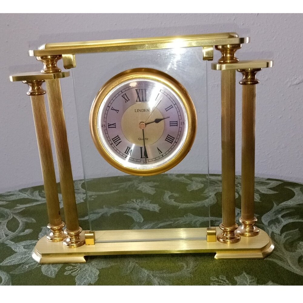 Linden Brass & Glass Clock Mantel Shelf Desk classic pillars German Movement